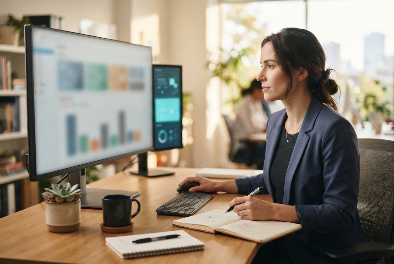 Woman analyzing blurred dashboard charts at a desk with monitors, notebooks, coffee, and a potted succulent.